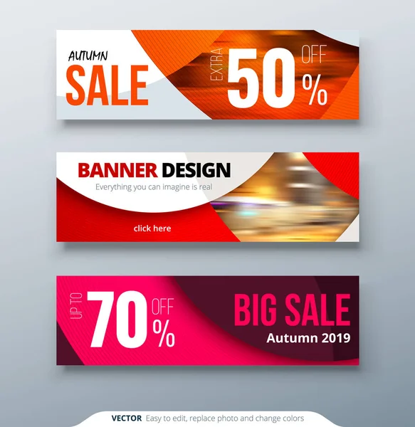 Horizontal Web Banner Templates Com Círculos Foto Cores Vermelhas Rosa — Vetor de Stock