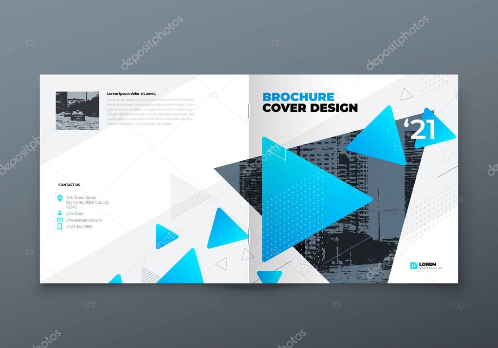Square Brochure design. Blue corporate business rectangle template brochure, report, catalog, magazine. Brochure layout modern memphis abstract background. Vector concept