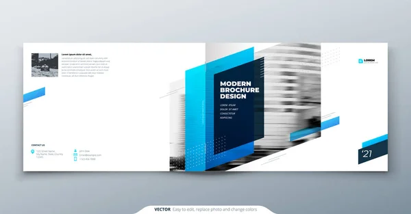 パンフレットのデザインを風景します。企業パンフレット テンプレート、レポート、カタログ、雑誌を青します。パンフレットのレイアウトは動的な形状の抽象的な背景と現代。創造的なパンフレットのベクトルの概念 — ストックベクタ