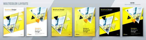 Modèle de brochure schéma de mise en page avec triangles. Rapport annuel d'entreprise, catalogue, magazine, maquette de prospectus. Concept lumineux moderne créatif forme triangle — Image vectorielle