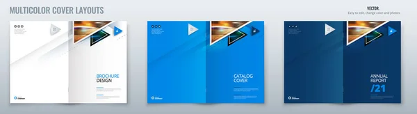 Modèle de brochure schéma de mise en page avec triangles. Rapport annuel d'entreprise, catalogue, magazine, maquette de prospectus. Concept lumineux moderne créatif avec des formes triangulaires — Image vectorielle