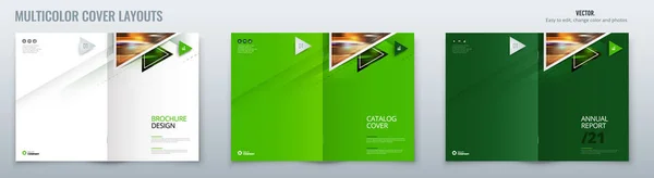 Modèle de brochure schéma de mise en page avec triangles. Rapport annuel d'entreprise, catalogue, magazine, maquette de prospectus. Concept lumineux moderne créatif avec des formes triangulaires — Image vectorielle