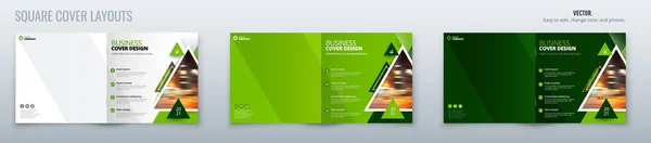 Square green magazine template layout design with triangles. Corporate business annual report, catalog, magazine, flyer mockup. Creative modern bright concept with triangle shape for magazine