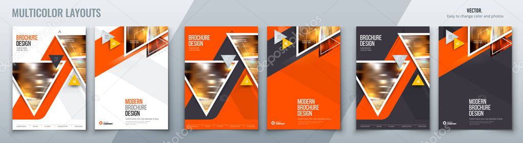 Brochure template layout design with triangles. Corporate business annual report, catalog, magazine, flyer mockup. Creative modern bright concept with triangle shapes