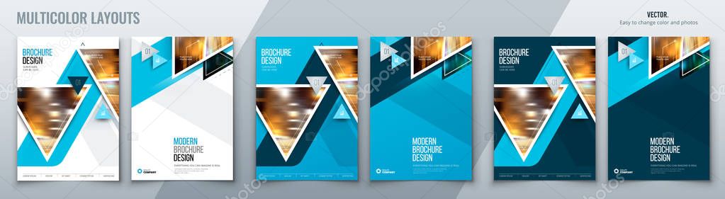 Brochure template layout design with triangles. Corporate business annual report, catalog, magazine, flyer mockup. Creative modern bright concept with triangle shapes