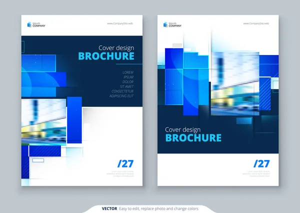 Brochure blu Disegno layout modello copertina. Relazione annuale sull'attività aziendale, catalogo, rivista, modello di volantino. Concetto luminoso moderno creativo con forme quadrate — Vettoriale Stock