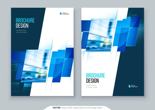 Σχεδίαση διάταξης πρότυπου εξώφυλλων μπλε φυλλαδίων. Ετήσια έκθεση επιχειρήσεων, κατάλογος, περιοδικό, διάταξη Φέιγ βολάν. Δημιουργική σύγχρονη φωτεινή ιδέα με τετράγωνα σχήματα — Διανυσματικό Αρχείο