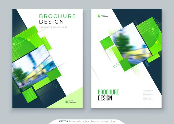 緑色のパンフレットカバーテンプレートレイアウトデザイン。企業向け年次報告書、カタログ、雑誌、チラシモックアップ正方形の形をした創造的な現代明るいエココンセプト — ストックベクタ