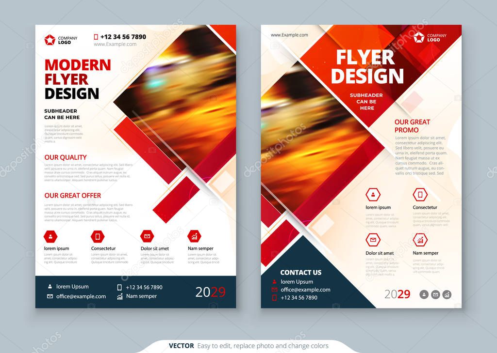 Red Flyer template layout design. Corporate business annual report, catalog, magazine, flyer mockup. Creative modern bright concept with square shapes