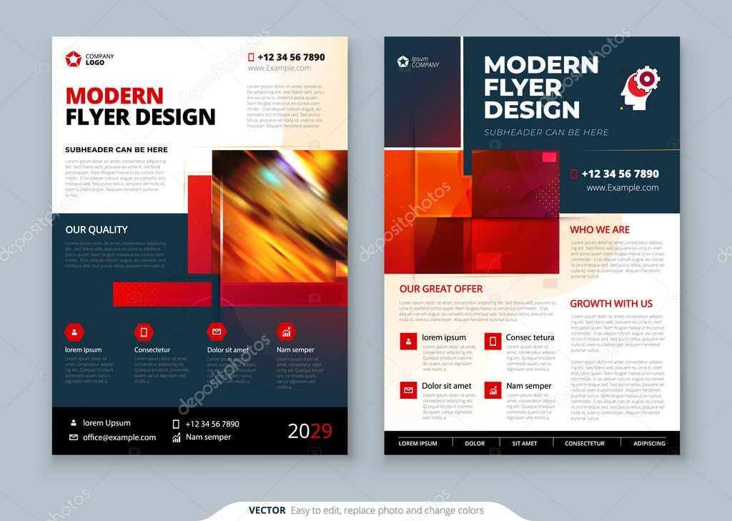 Red Flyer template layout design. Corporate business annual report, catalog, magazine, flyer mockup. Creative modern bright concept with square shapes