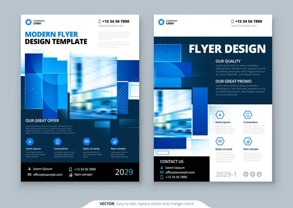 Projeto de layout de modelo de folheto azul. Corporate Business Flyer, Brochura, Relatório Anual, Catálogo, Revista Mockup. Conceito de folheto brilhante moderno criativo com formas quadradas —  Vetores de Stock