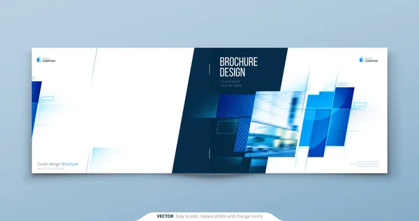 Modelo de capa de folheto horizontal azul Design de layout. Brochura Horizontal de Negócios Corporativos, Relatório Anual, Catálogo, Revista, Flyer Mockup. Conceito de folheto moderno criativo com formas quadradas —  Vetores de Stock