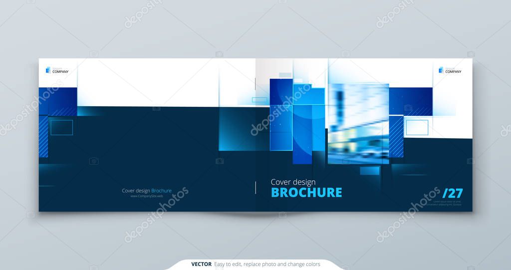 Blue Horizontal Brochure Cover Template Layout Design. Corporate Business Horizontal Brochure, Annual Report, Catalog, Magazine, Flyer Mockup. Creative Modern Brochure Concept with Square Shapes