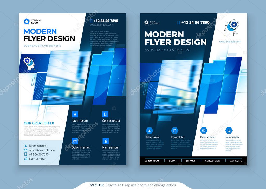 Blue Flyer Template Layout Design. Corporate Business Flyer, Brochure, Annual Report, Catalog, Magazine Mockup. Creative Modern Bright Flyer Concept with Square Shapes