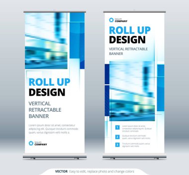 Blue Business Roll Banner. Sunum için soyut Katlama arkaplanı. Dikey rulo, x-stand, sergi, geri çekilebilir pankart standı veya konferans için bayrak tasarımı düzeni, forum.