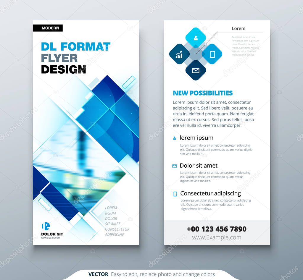 Blue DL Flyer design with square shapes, corporate business template for dl flyer. Creative concept flyer or banner layout.