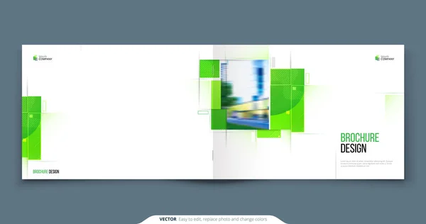 Πράσινη σχεδίαση διάταξης προτύπου οριζόντιας κάλυψης φυλλαδίων. Εταιρική επαγγελματική έκθεση, κατάλογος ή περιοδικό. Δημιουργική πράσινη σύγχρονη φωτεινή οικολογική αντίληψη με τετράγωνο σχήμα — Διανυσματικό Αρχείο