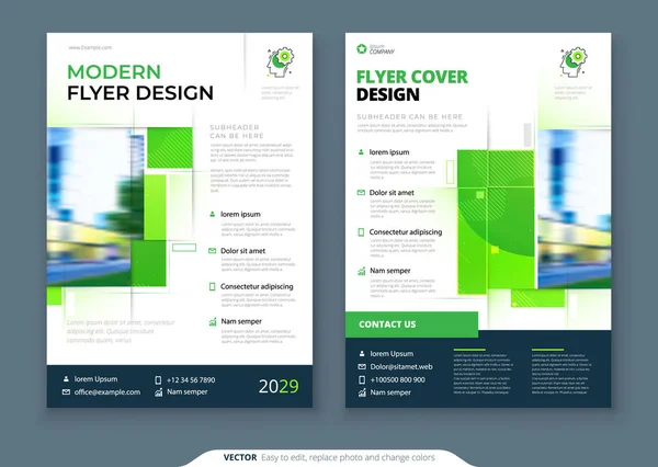 Diseño de plantilla de volante verde. Informe anual de negocios corporativos, catálogo, revista, maqueta de volantes. Concepto creativo moderno de folleto ecológico brillante con forma cuadrada — Archivo Imágenes Vectoriales