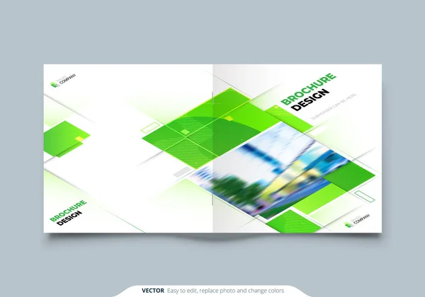 (Inggris) Green Square Brochure Cover Template Layout Design. Perusahaan laporan tahunan, katalog, majalah, mockup flyer. Konsep ekologi terang modern kreatif dengan bentuk persegi - Stok Vektor