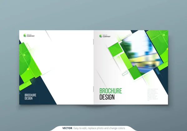 緑の正方形のパンフレットカバーテンプレートレイアウトデザイン。企業向け年次報告書、カタログ、雑誌、チラシモックアップ正方形の形をした創造的な現代明るいエココンセプト — ストックベクタ