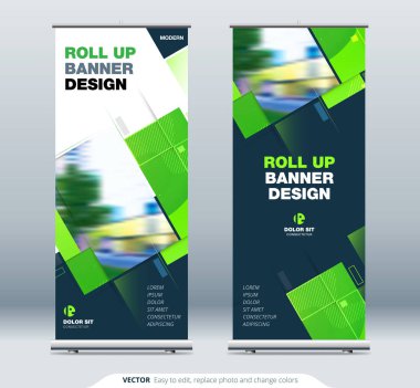 Green Business Roll Pankartı. Sunum için soyut Katlama arkaplanı. Dikey rulo, x-stand, sergi, geri çekilebilir pankart standı veya konferans için bayrak tasarımı düzeni, forum