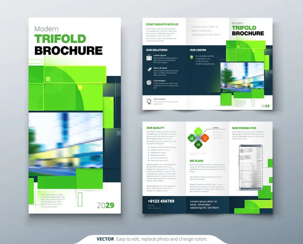 Brochure Verde Tri Fold Design Con Forme Quadrate Modello Aziendale — Vettoriale Stock