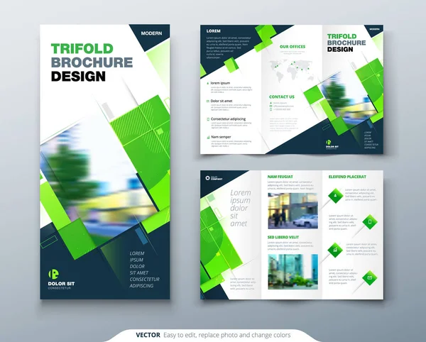 Brochure Verde Tri Fold Design Con Forme Quadrate Modello Aziendale — Vettoriale Stock
