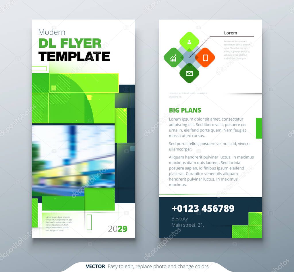 Dreen DL Flyer Design with Square Shapes. Corporate business template for dl flyer. Creative eco concept flyer or banner layout