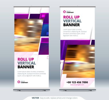 Purple Business Roll Banner. Sunum için soyut Katlama arkaplanı. Dikey rulo, x-stand, sergi, geri çekilebilir pankart standı veya konferans için bayrak tasarımı düzeni, forum
