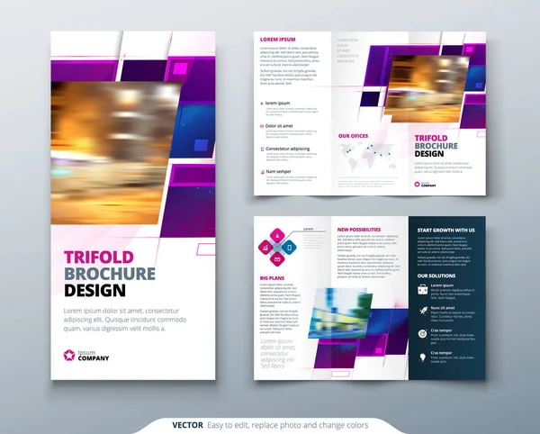 Purple Tri Fold Broschyr Design Med Fyrkantiga Former Företagens Affärsmall — Stock vektor