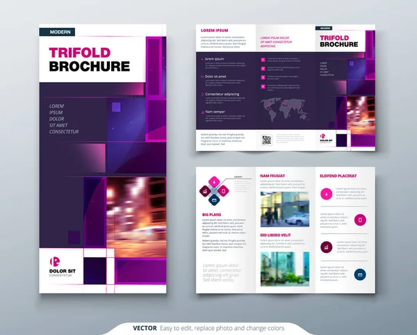 バイオレット三つ折りパンフレット三つ折りチラシのための正方形の形状 企業のビジネステンプレートとデザイン 創造的な概念折り畳まれたチラシやパンフレット — ストックベクタ