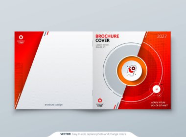 Kare kaplama şablonu. Broşür, pankart, plackard, poster, rapor, katalog, dergi, broşür vb. için Kare Kırmızı şablon. Modern çember şekli soyut arkaplan. Yaratıcı broşür vektör kavramı