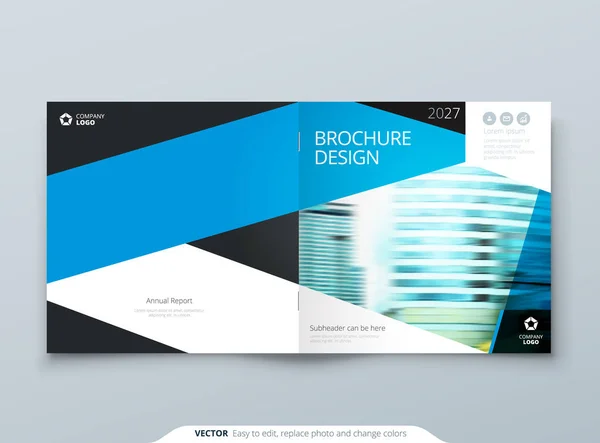 Blue Square Brochure Cover Template Layout Design. Corporate Business Horizontal Brochure, Annual Report, Catalog, Magazine, Flyer Mockup. — Stock Vector