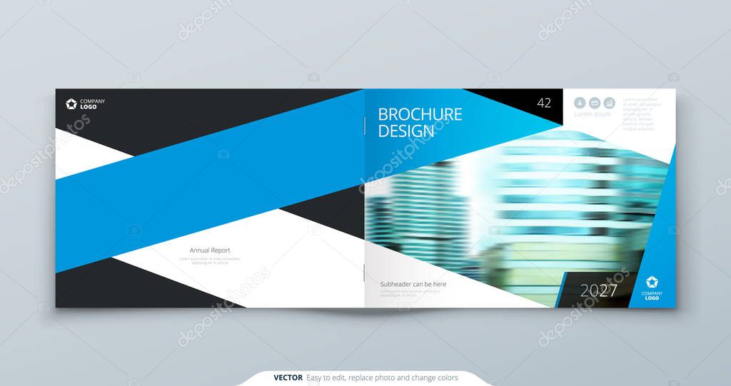 Blue Horizontal Brochure Cover Template Layout Design. Corporate Business Horizontal Brochure, Annual Report, Catalog, Magazine, Flyer Mockup. Creative Modern Brochure Concept with Square Shapes