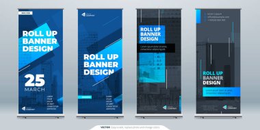 Blue Business Roll Banner. Sunum için soyut Katlama arkaplanı. Dikey rulo, x-stand, sergi, geri çekilebilir pankart standı veya konferans için bayrak tasarımı düzeni, forum.