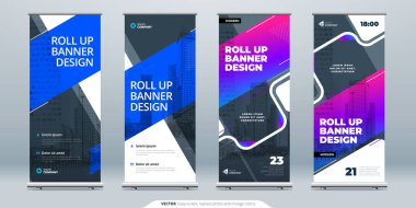 Blue Business Roll Banner. Sunum için soyut Katlama arkaplanı. Dikey rulo, x-stand, sergi, geri çekilebilir pankart standı veya konferans için bayrak tasarımı düzeni, forum.