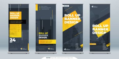 Business Roll Banner 'da. Sunum için soyut Katlama arkaplanı. Dikey rulo, x-stand, sergi, geri çekilebilir pankart standı veya konferans için bayrak tasarımı düzeni, forum.