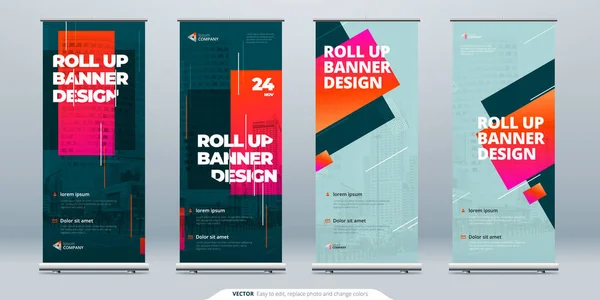 Negocio Roll Up Banner. Resumen Enrollar fondo para la presentación. Rollo vertical para arriba, x-stand, exhibición de la exposición, soporte de la bandera retráctil o diseño de la bandera para la conferencia, foro. — Archivo Imágenes Vectoriales