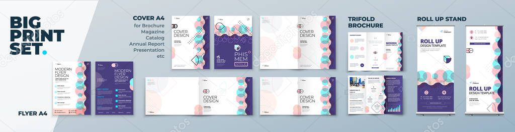 Corporate Identity Print Template Set of Brochure cover, flyer, tri fold, report, catalog, roll up banner. Branding design. Business stationery background design collection.