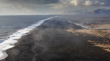 Aerial view of black sand beach, Vik, Iceland