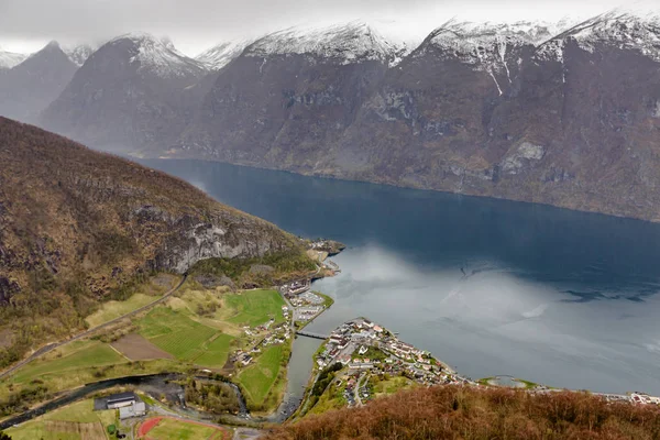 Luchtfoto Van Aurland Fjord Aurlandsvangen Village Noorwegen — Stockfoto