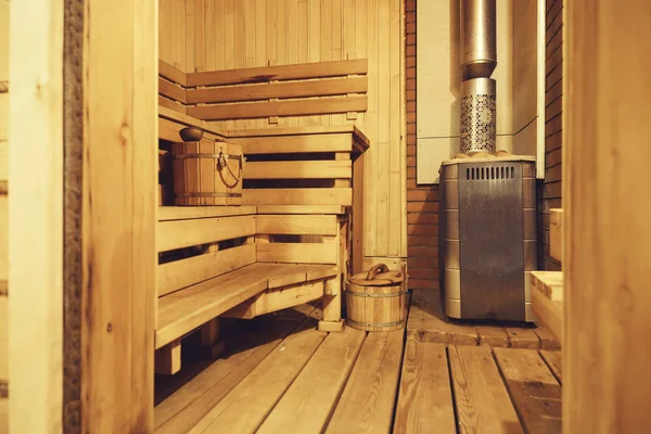 Interior of Finnish sauna, classic wooden sauna, Relax in hot sauna