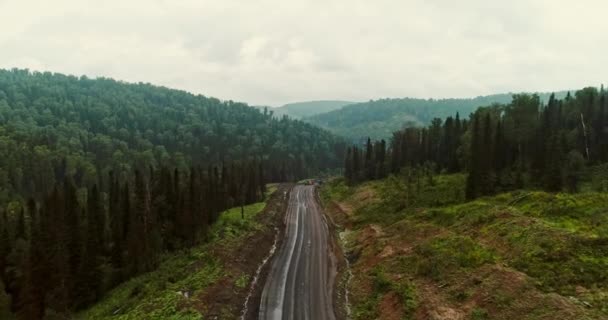 Панорама вид с воздуха на дорогу в лесу. Вид с воздуха на самосвалы на проселочной дороге в лесу. Вид с дрона на Тайгу с множеством механизированных грузовиков — стоковое видео