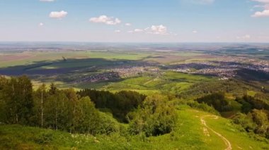 Havadan panorama orman ve köyler. Ağaçların ve çalıların arasında ormanın içinden drone ile uçmak. Köyleri yukarıdan vurmak. Ağaçların arasında uçmak. Drone görüntüleri orman hareket ediyor. Düzgün çekim