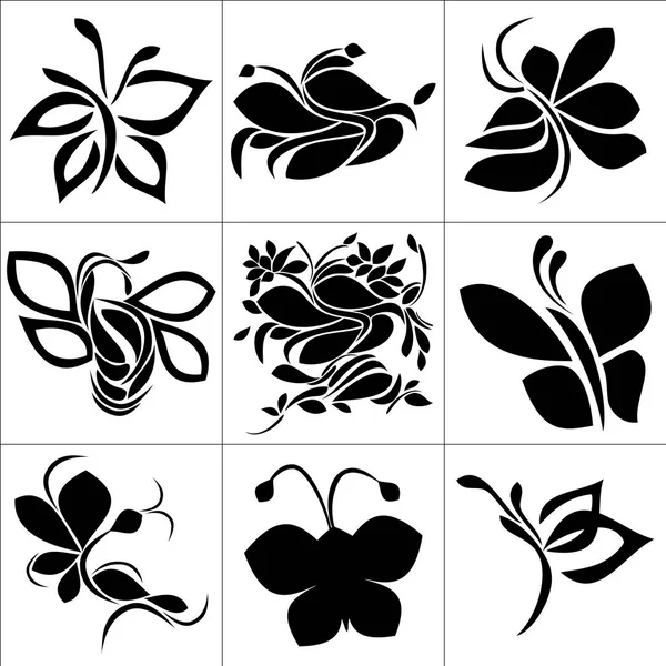 Nine Butterfly Designs Black Isolated White Background — Stock Photo, Image