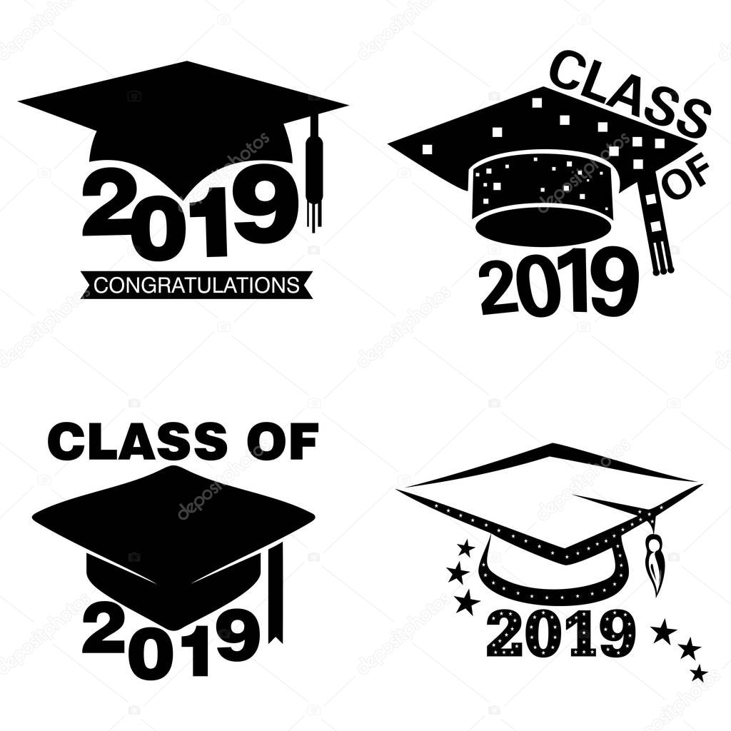 Four black and white graduation sticker or label designs on an isolated white background