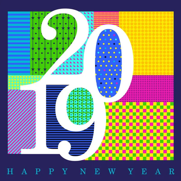 2019 White Numerals Designed Random Colorful Patterns Happy New Year — Stock Vector