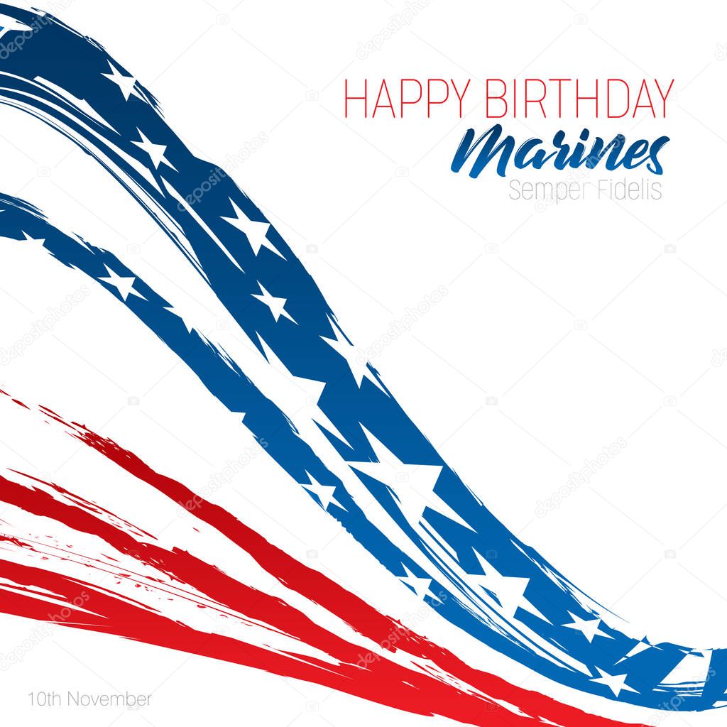 Happy Birthday Marines message with brush strokes in United States Flag colors on an isolated white background