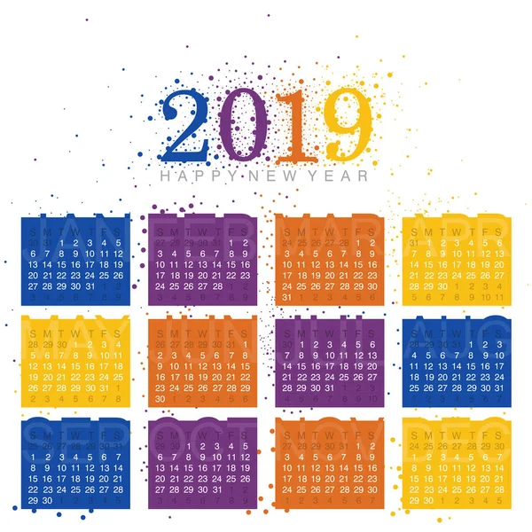 2019年矢量日历设计与五颜六色的分散的圈子 — 图库矢量图片
