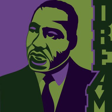 Dr. Martin Luther King, Jr., resmin sağdaki sözcüğü rüya olan bir mor ve yeşil renkteki bir vektör çizim
